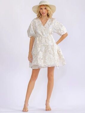 709. JUST ME WOMEN'S SHORT PUFF SLEEVE SHIMMER DETAILED WRAP MINI DRESS